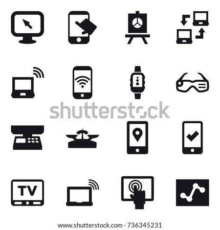 16 vector icon set : monitor arrow, touch, presentation, notebook connect, notebook wireless, phone wireless, smartwatch, smart glasses, market scales, scales, mobile checking, tv Royalty-Free Stock Photo #736345231