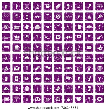 100 beer party icons set in grunge style purple color isolated on white background vector illustration
