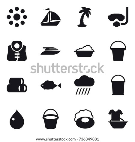 16 vector icon set : round around, sail boat, palm, diving mask, life vest, yacht, washing, bucket, rain cloud, drop, soap, handle washing