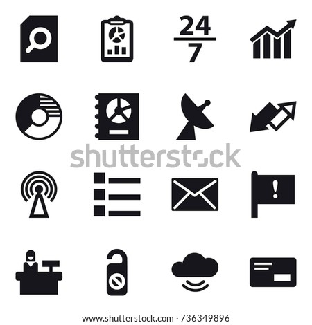 16 vector icon set : search document, report, 24/7, diagram, circle diagram, annual report, satellite antenna, up down arrow, antenna, list, mail, reception, do not distrub