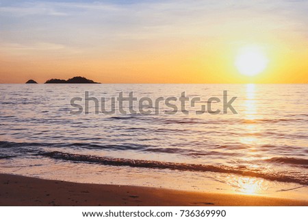 relaxation peaceful background, beautiful nature, empty tranquil beach at sunset, landscape with copyspace