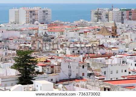 Aerial view of Cadiz from Torre Tavira, Andalucia, Spain, an ancient port city, built on a strip of land surrounded by the sea with more than 100 watchtowers, used for spotting ships.