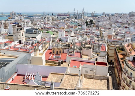 Aerial view of Cadiz from Torre Tavira, with the port and the Constitution of 1812 Bridge in the background in, Spain. Cadiz is an ancient port city, built on a strip of land surrounded by the sea.