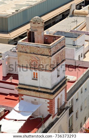 Aerial view of Cadiz from Torre Tavira, Andalucia, Spain, an ancient port city, built on a strip of land surrounded by the sea with more than 100 watchtowers, used for spotting ships.