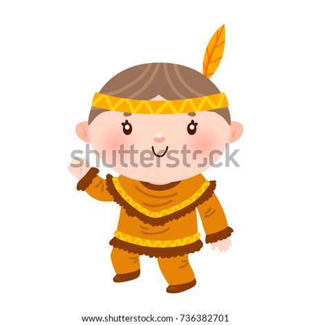 Cute boy native Indian American, costume for Thanksgiving day, cartoon character, vector, isolated illustration on a white background.