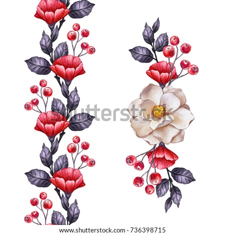 autumn floral seamless border, botanical watercolor illustration, Halloween decor, fall flowers, gothic clip art isolated on white background