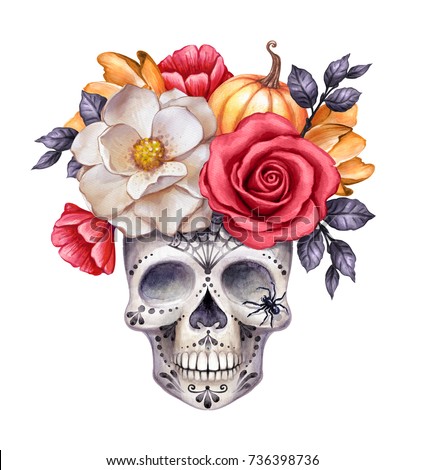 watercolor illustration, Halloween floral skull, fall flowers, autumn pumpkin, dia de los muertos, festive clip art isolated on white background