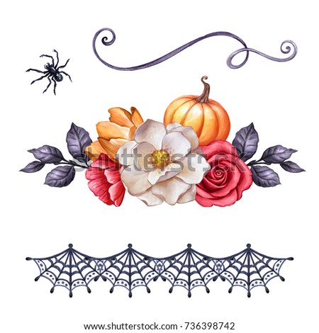 autumn watercolor illustration, Halloween ornaments, fall flowers, pumpkin, festive clip art isolated on white background