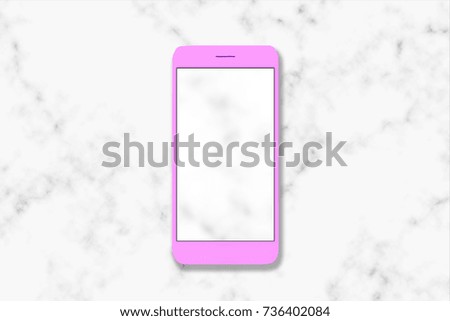 Modern pink devices color, digital tablet computer, mobile phone or cellphone on plate on white marble pattern texture table background.business and education concept