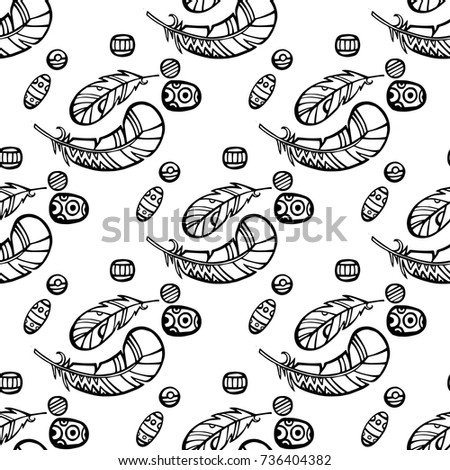 Seamless pattern black and white with hand-drawn feathers. Vector illustration. White background.