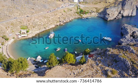 Aerial birds eye view photo taken by drone of Saint Paul's bay, Rhodes island, Dodecanese, Greece