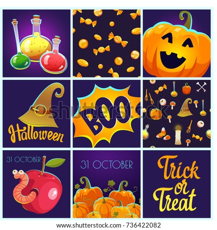 Set with Halloween patterns and posters. Funny and scary objects. Vector illustration of eyes, potion, broom, candies, hat and boots in cartoon style.