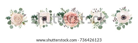 Vector floral bouquet design: garden pink peach lavender creamy powder pale Rose wax flower, anemone Eucalyptus branch greenery leaves berry. Wedding vector invite card Watercolor designer element set Royalty-Free Stock Photo #736426123