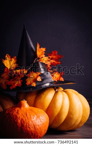 autumn holiday, a large pumpkin, candles, dry grass, Halloween, a mesmerizing picture. A large witch hat with autumn leaves lies on the dumpling.