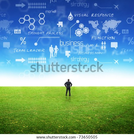 A businessman in a field with ideas in the sky. Conceptual