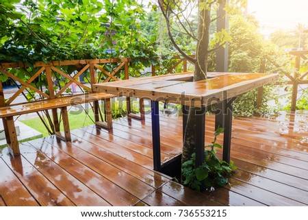 Wooden terrace Outside the house In the rainy season .