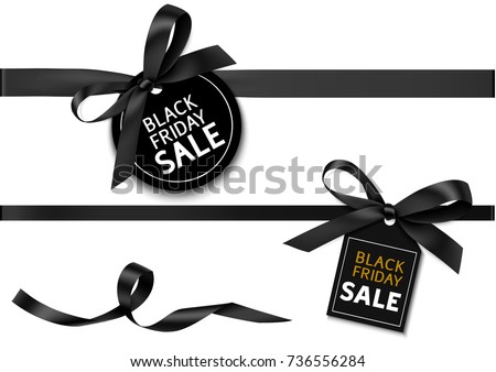 Decorative horizontal black ribbon with bow and sale tag for black friday sale design. Vector decoration and label Royalty-Free Stock Photo #736556284