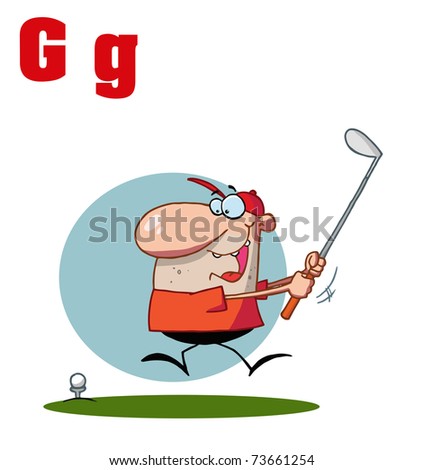 Funny Cartoons Alphabet-Male Golfer With Letters G