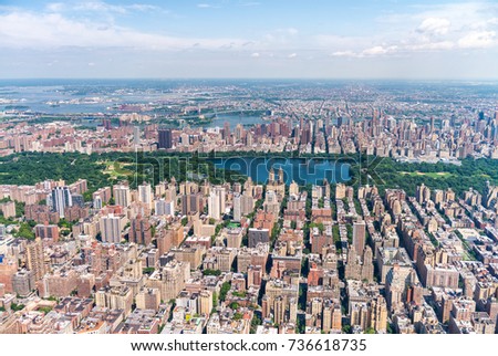 Helicopter view of Midtown skyscrapers and Central Park, New York City.