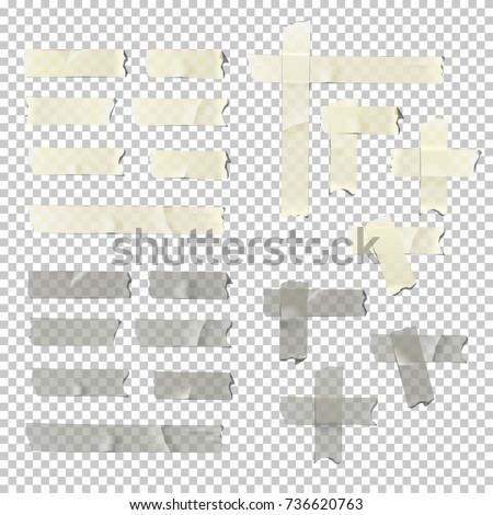 Masking and adhesive tape pieces isolated on transparent background. Vector torn masking and adhesive tape parts.  Royalty-Free Stock Photo #736620763
