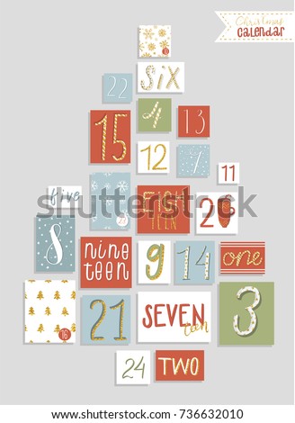 Abstract red, white, green, blue and golg colored twenty four christmas countdown printable tags collection. Count down till christmas kit. Advent calendar. Vector illustration