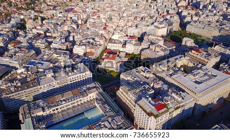 Aerial birds eye view photo taken by drone of Syntagma square and former Greek Parliament, Athens, Attica, Greece
