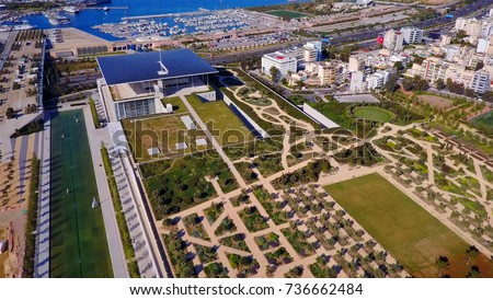 Aerial birds eye view photo taken by drone of gardens in public settlement of Stavros Niarchos foundation and cultural center, Phaleron, Attica, Greece