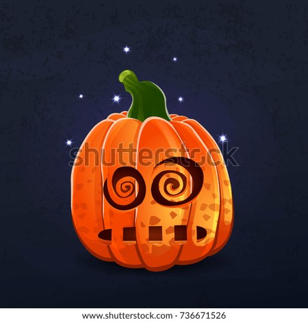 Vector color illustration of cartoon Halloween pumpkin with face on dark shabby background. Object image to create original web games, graphic design