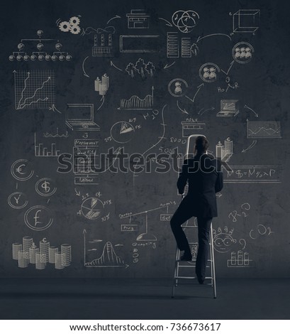 Businessman standing on stepladder.  Schematic background. Business and office, concept.