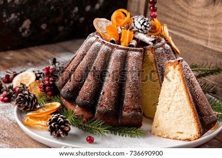 Christmas Cake topped with sugared cranberries, dried orange slices, pine cones and whole spices. Christmas Food ideas. 