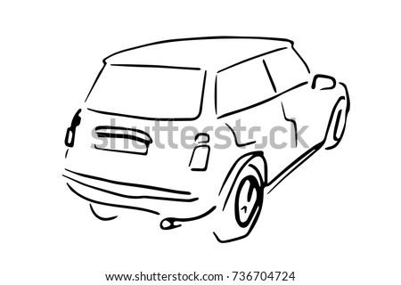 Car back side view black and white sketch, simple drawing isolated at white background. 