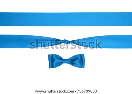 Single sky blue satin ribbon with gift bow and knot on white background