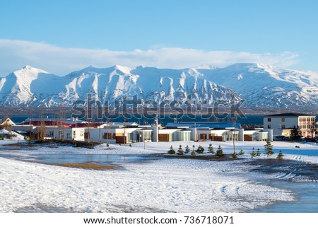 Scenery of Dalvik town and Eyjafjordur fjord in northern Iceland, at the coast of Greenland sea