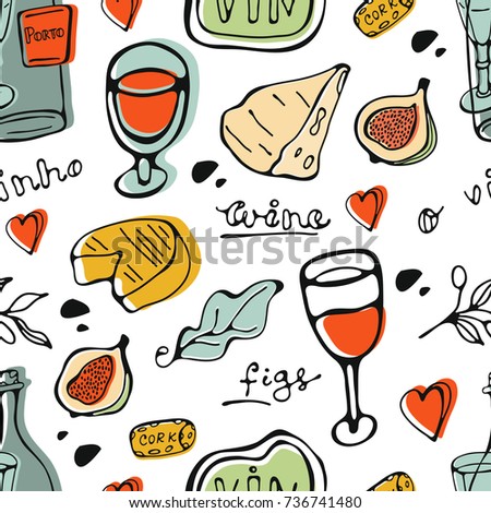 Seamless pattern with wine and cheese