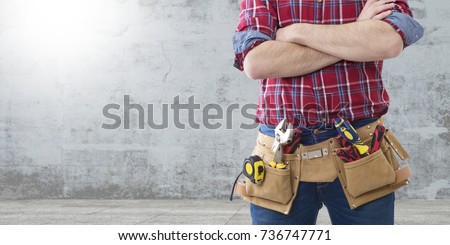 worker and professional builder with tools Royalty-Free Stock Photo #736747771