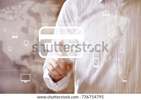 Businessman pushing button credit card in network pointer computer media.