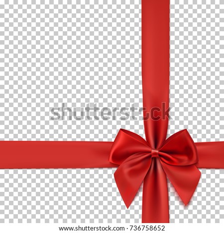 Realistic red bow and ribbon isolated on transparent background. Template for greeting card, poster or brochure. Vector illustration.