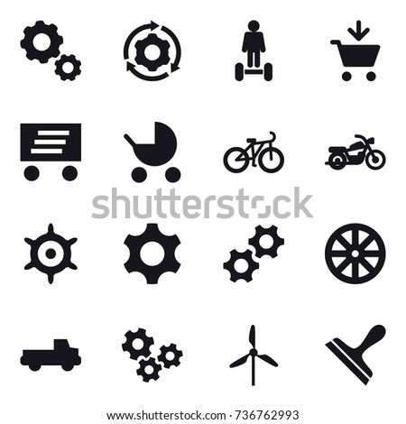 16 vector icon set : gear, around gear, hoverboard, add to cart, delivery, baby stroller, bike, motorcycle, handwheel, wheel, pickup, gears, windmill, scraper
