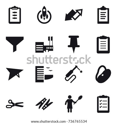 16 vector icon set : clipboard, rocket, up down arrow, funnel, mall, deltaplane, hotel, scissors, clothespin, woman with pipidaster, clipboard list