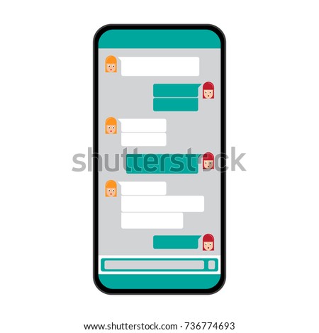 Two girls social media chat interaction on a smartphone. Illustration of two woman messaging in a modern smart phone's screen isolated on white background.