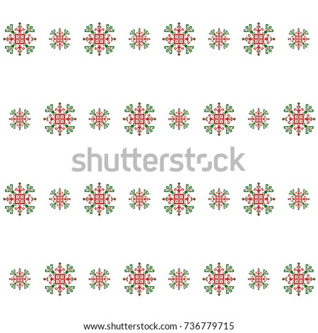 Reg green white ethnic design with traditional tribal motifs. Mayan symbol ethnic motifs, geometric pattern in Christmas colors for winter decor. Embroidery style winter clothes ornament.