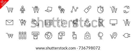 Shopping Cart Vector Line Icons Set: Money, ATM, List Products, Vegetables, Bank Card, Terminal, Bag, Favorite Shopping, Gifts, Express Checkout, Mobile Shop and more. Editable Stroke. 32x32 Pixel Royalty-Free Stock Photo #736798072