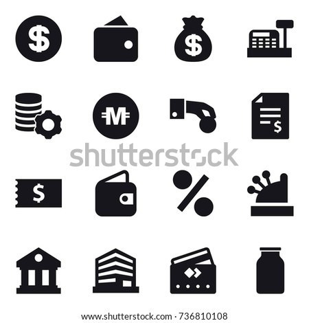 16 vector icon set : dollar, wallet, money bag, cashbox, virtual mining, crypto currency, hand coin, account balance, receipt, percent, library, credit card