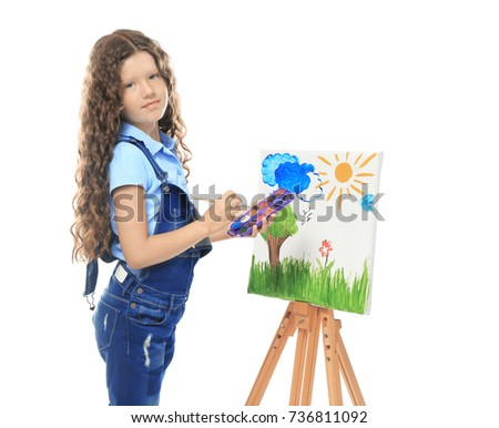 Little cute girl with picture on white background