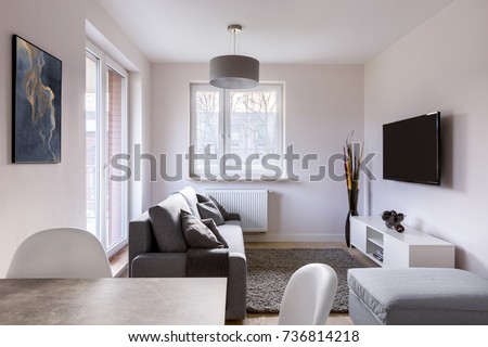 Small living room with table, couch and television Royalty-Free Stock Photo #736814218