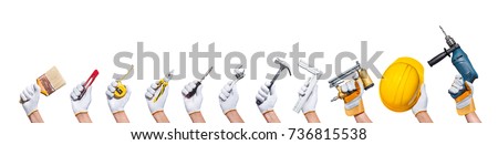 construction concept hands with all of tools supplies for home construction builder and copy space isolated on white background Royalty-Free Stock Photo #736815538