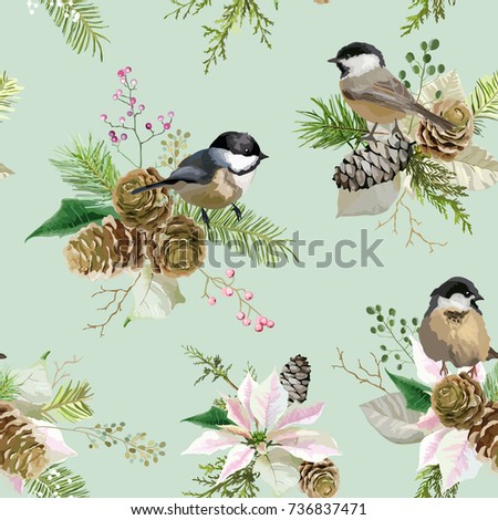 Winter Christmas Birds Seamless Background in Vector. Floral Poinsettia Retro Pattern