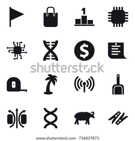 16 vector icon set : flag, shopping bag, pedestal, chip, dna, dollar coin, shopping list, measuring tape, palm, wireless, scoop, sheep, clothespin