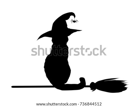 Silhouette of black cat in witch hat sitting on broomstick isolated on white background. Vector illustration. Clip art. 