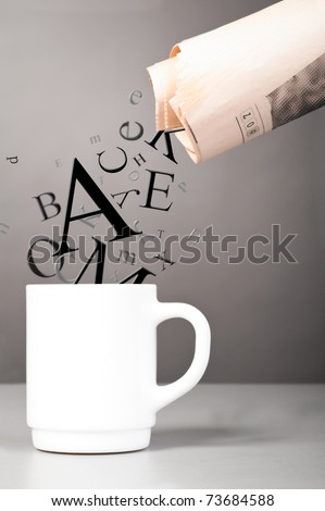 morning portion of information. Letters are flowing down to morning cup of coffee at office Royalty-Free Stock Photo #73684588